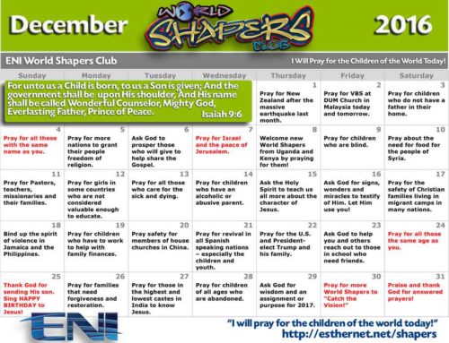 World Shapers Club Dec. 2016 Prayer Calendar
